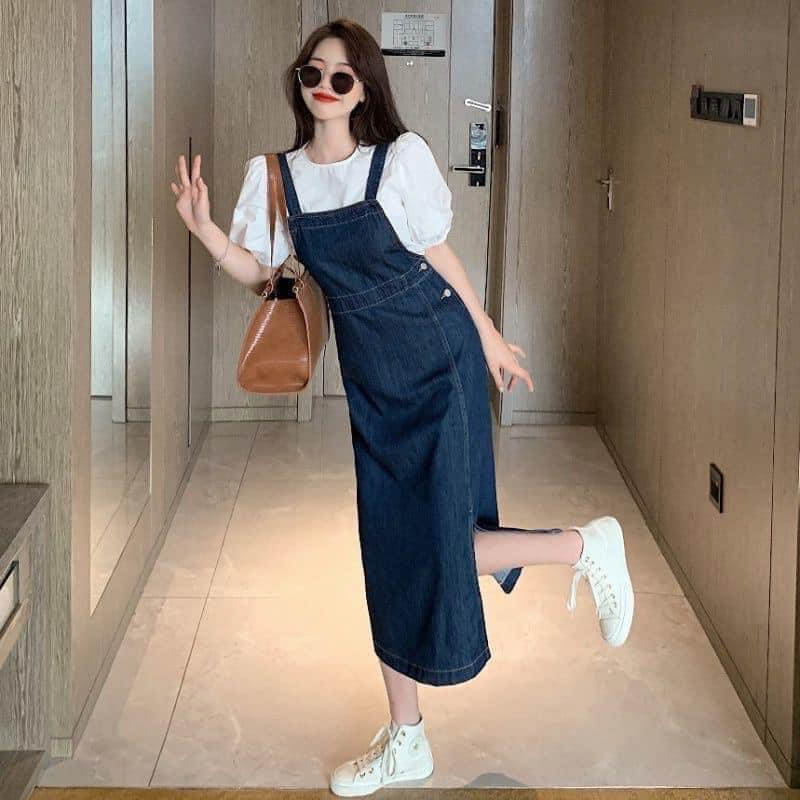 Denim overall dress mixed with white blouse