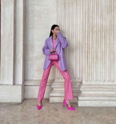 Glossy leather material outfit with two impressive pink purple pastel tones