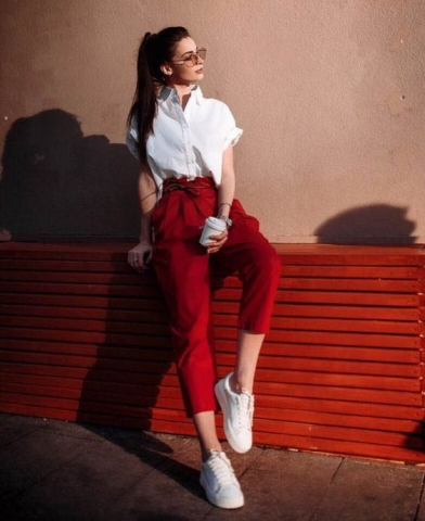 Match red pants with dress shirt