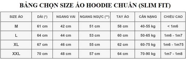 Men's hoodie jacket size chart