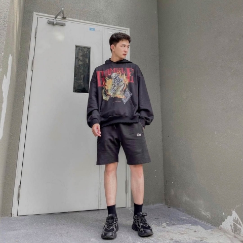 Men's hoodie outfit styling with shorts