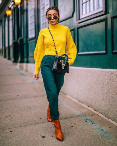 Outfit mixing suggestions for work or leisure both stand out with yellow turtleneck sweater Outfit mixing suggestions for work or leisure both stand out with yellow turtleneck sweater