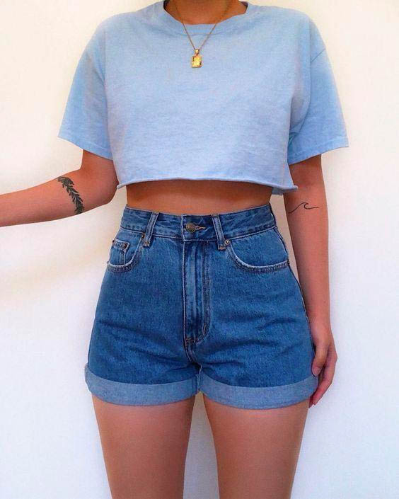 Sports crop top and denim shorts