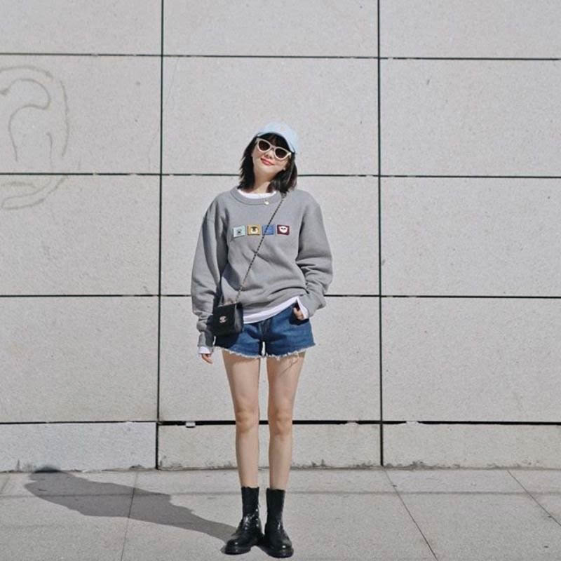 Sweater with denim shorts