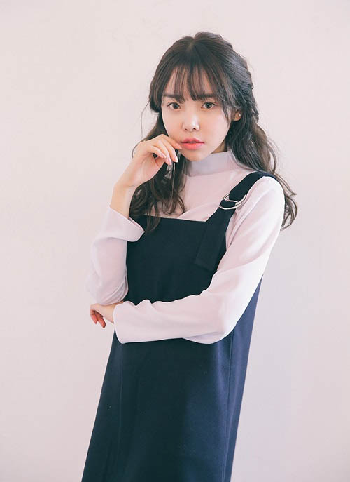 Youthful cute blue overall dress model