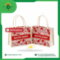 Floral Pattern Faux Jute Fabric Box Bag