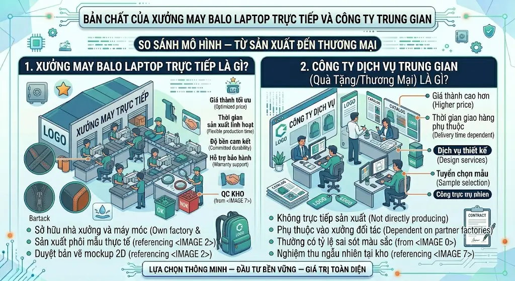 Nên Chọn Xưởng May Balo Laptop Trực Tiếp Hay Qua Công Ty Dịch Vụ Trung Gian?